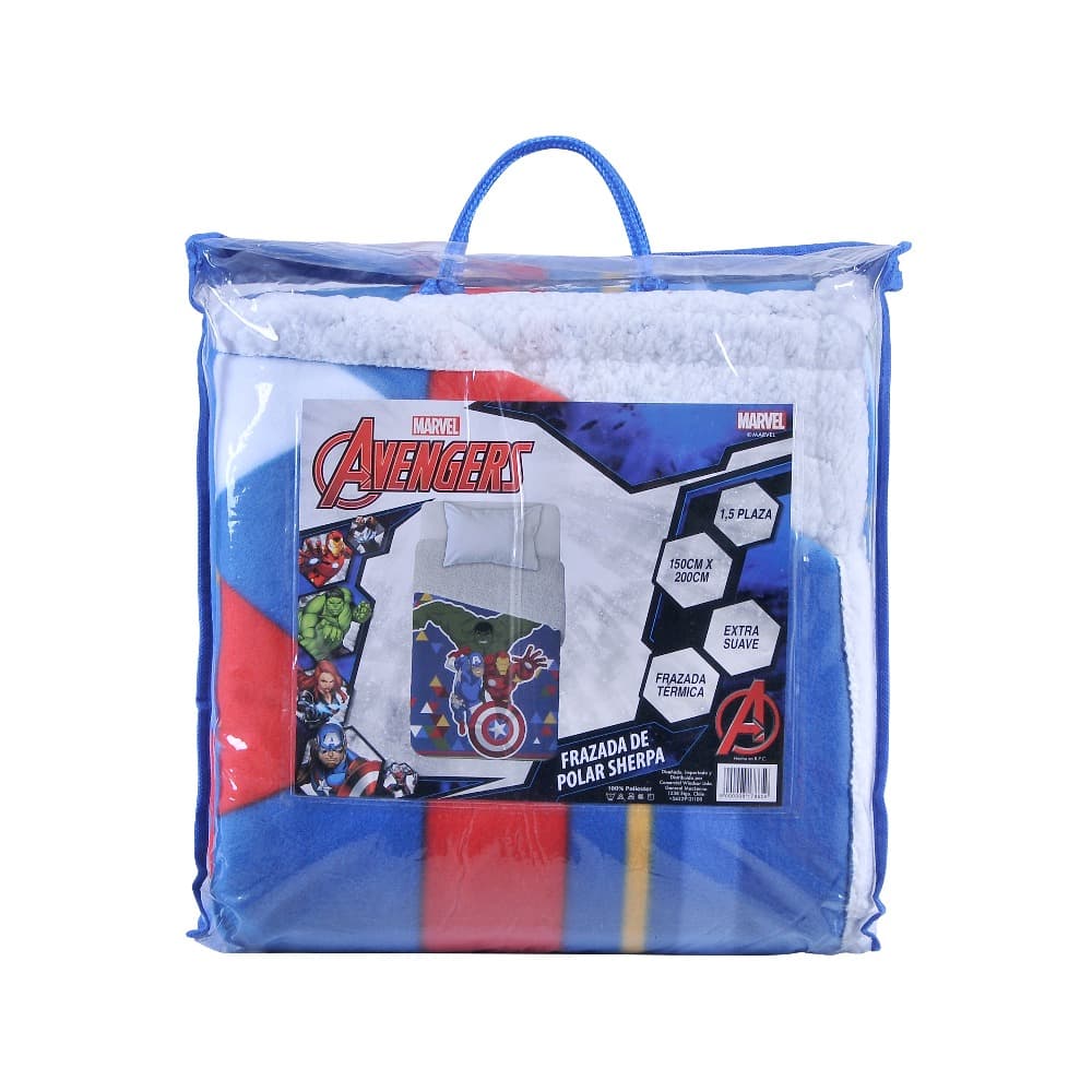 empaque de la Frazada Polar Sherpa 150x200 diseño de  Avengers capitan america y Ironman Mashini