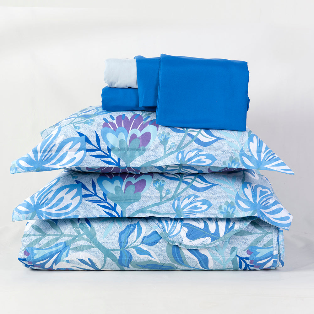 Set Quilt Cordoba Estampado + Sábanas 1.5 Plazas Microfibra Aloe