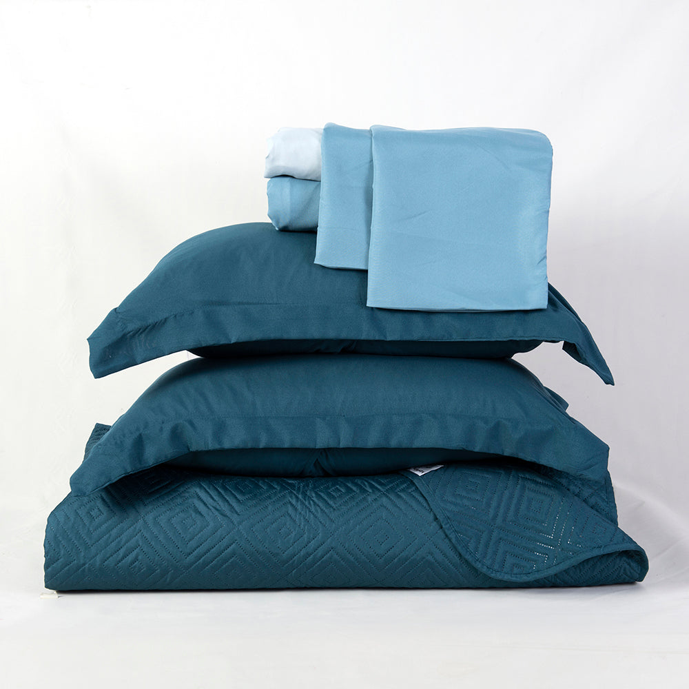 Set Quilt Cordoba + Sábanas 2 Plazas Microfibra Azul